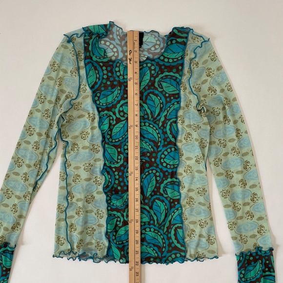 Anna Sui Sheer Mesh Paisley Green Posies Top Size Medium, Boho 90's Long Sleeve - Picture 7 of 9